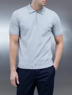 Cotton Knitted Zip Polo Shirt In Marl Grey