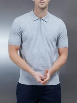 Cotton Knitted Zip Polo Shirt In Marl Grey -Cheap Shirts Shop COTTONKNITTEDZIPPOLOSHIRTINMARLGREY2191 1