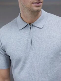 Cotton Knitted Zip Polo Shirt In Marl Grey -Cheap Shirts Shop COTTONKNITTEDZIPPOLOSHIRTINMARLGREY2193