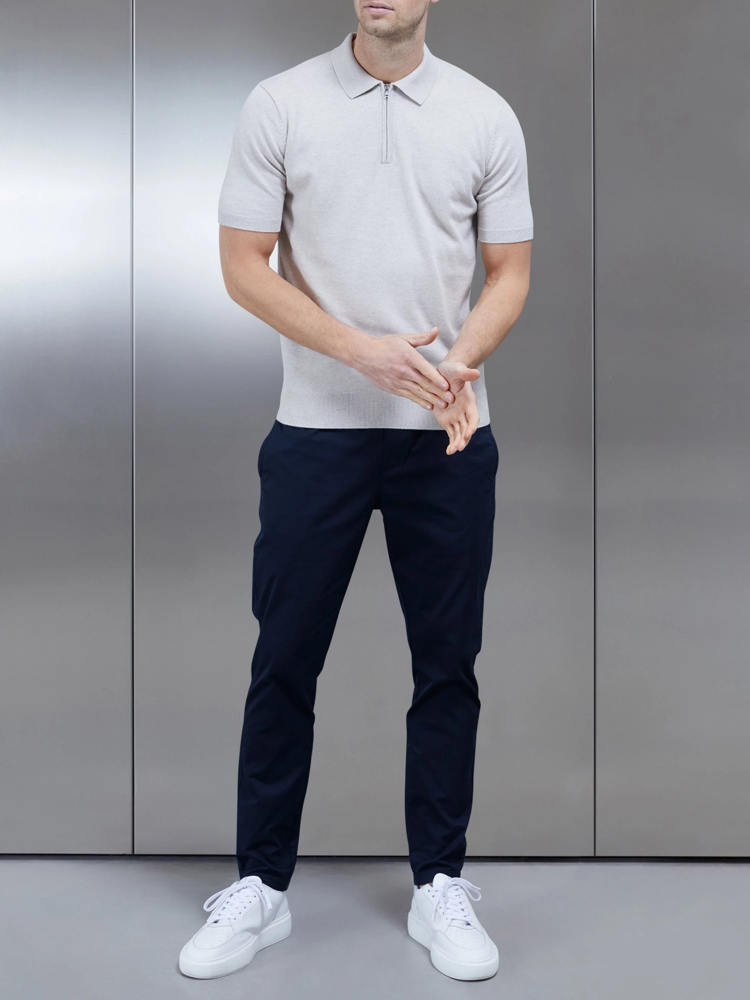 Cotton Knitted Zip Polo Shirt In Oatmeal 4 Cotton Knitted Zip Polo Shirt In Oatmeal - Image 2