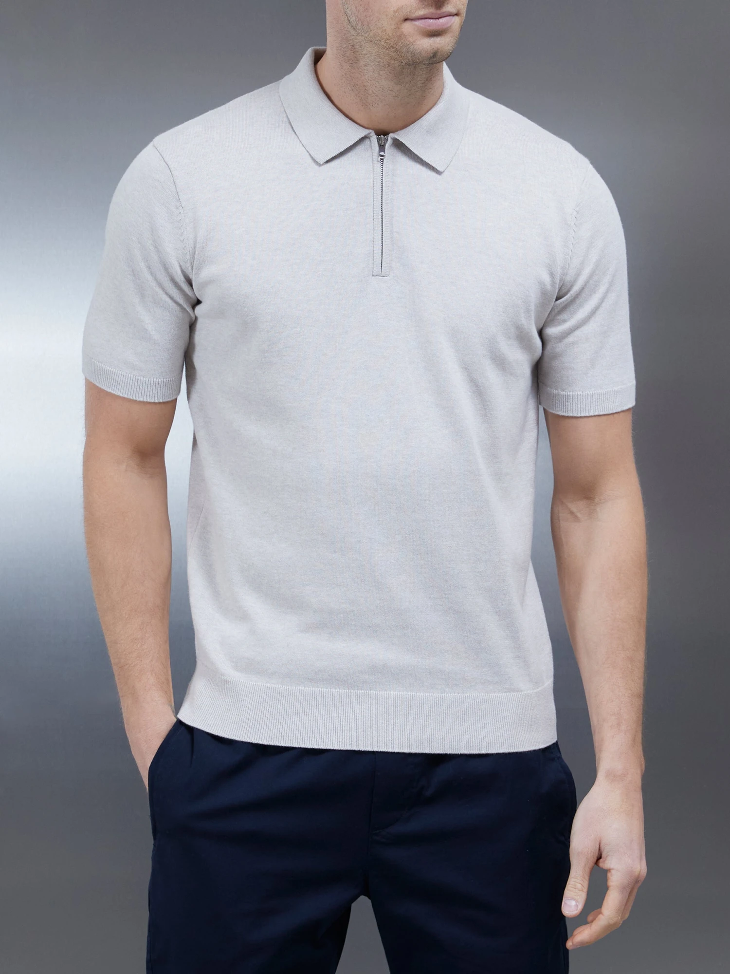Cotton Knitted Zip Polo Shirt In Oatmeal 3 Cotton Knitted Zip Polo Shirt In Oatmeal
