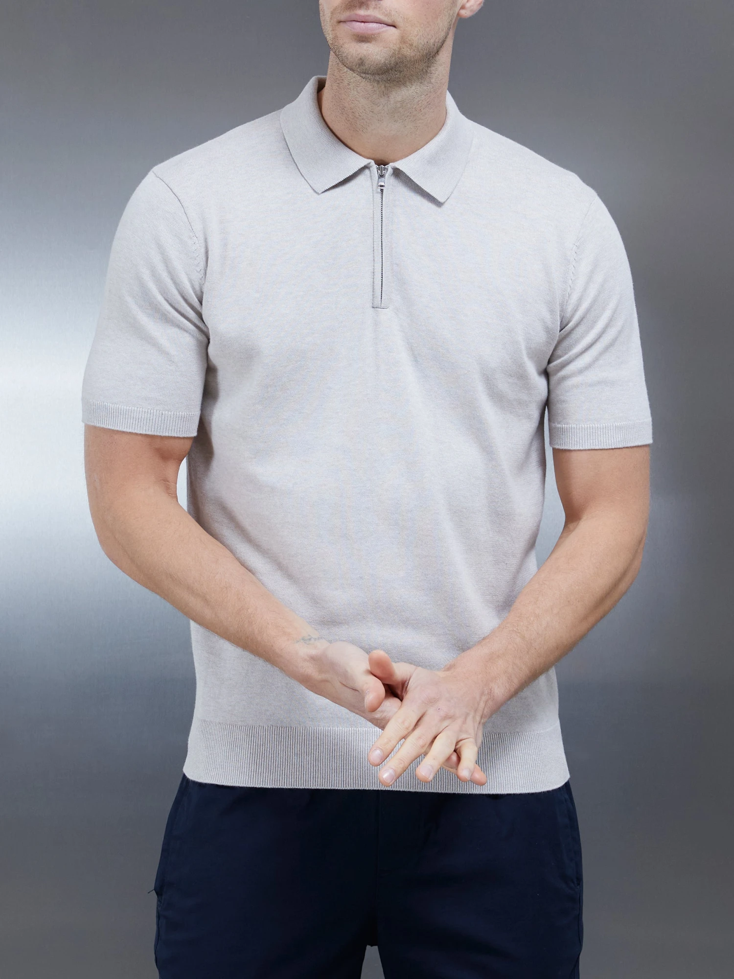 Cotton Knitted Zip Polo Shirt In Oatmeal 6 Cotton Knitted Zip Polo Shirt In Oatmeal - Image 4