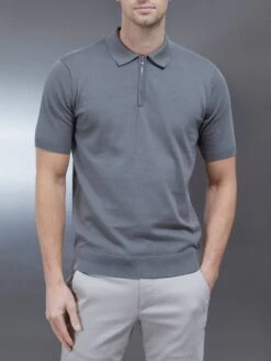 Cotton Knitted Zip Polo Shirt In Sage