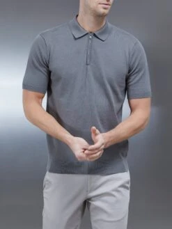 Cotton Knitted Zip Polo Shirt In Sage -Cheap Shirts Shop COTTONKNITTEDZIPPOLOSHIRTINSAGE3118