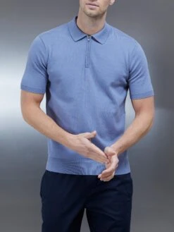 Cotton Knitted Zip Polo Shirt In Silk Blue -Cheap Shirts Shop COTTONKNITTEDZIPPOLOSHIRTINSILKBLUE2259