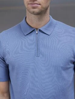 Cotton Knitted Zip Polo Shirt In Silk Blue -Cheap Shirts Shop COTTONKNITTEDZIPPOLOSHIRTINSILKBLUE2261