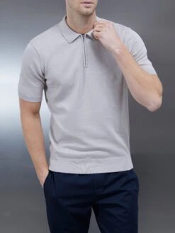 Cotton Knitted Zip Polo Shirt In Stone -Cheap Shirts Shop COTTONKNITTEDZIPPOLOSHIRTINSTONE2211