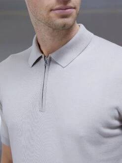 Cotton Knitted Zip Polo Shirt In Stone -Cheap Shirts Shop COTTONKNITTEDZIPPOLOSHIRTINSTONE2215