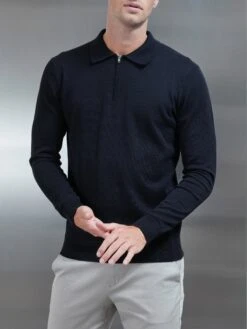 Cotton Knitted Long Sleeve Half Zip Polo Shirt In Black -Cheap Shirts Shop COTTON HALF ZIP POLO BLACK 0045