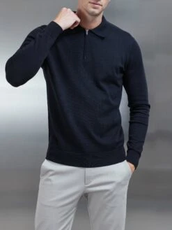 Cotton Knitted Long Sleeve Half Zip Polo Shirt In Black -Cheap Shirts Shop COTTON HALF ZIP POLO BLACK 0053