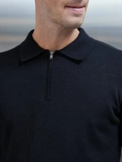 Cotton Knitted Long Sleeve Half Zip Polo Shirt In Black -Cheap Shirts Shop COTTON HALF ZIP POLO BLACK 0061