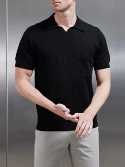Cotton Knitted Revere Collar Polo Shirt In Black -Cheap Shirts Shop COTTON KNITTED REVERE COLLAR POLO SHIRT IN BLACK 0707