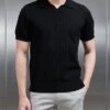 Cotton Knitted Revere Collar Polo Shirt In Black -Cheap Shirts Shop COTTON KNITTED REVERE COLLAR POLO SHIRT IN BLACK 0714