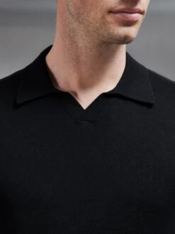 Cotton Knitted Revere Collar Polo Shirt In Black -Cheap Shirts Shop COTTON KNITTED REVERE COLLAR POLO SHIRT IN BLACK 0716