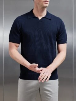 Cotton Knitted Revere Collar Polo Shirt In Navy -Cheap Shirts Shop COTTON KNITTED REVERE COLLAR POLO SHIRT IN NAVY 0670