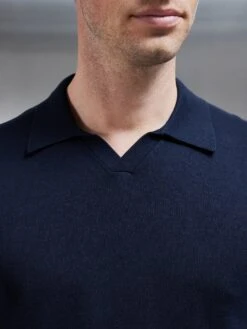 Cotton Knitted Revere Collar Polo Shirt In Navy -Cheap Shirts Shop COTTON KNITTED REVERE COLLAR POLO SHIRT IN NAVY 0686