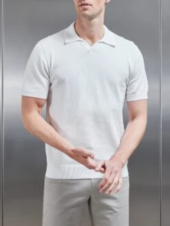 Cotton Knitted Revere Collar Polo Shirt In White