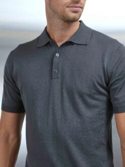 Cotton And Silk Polo Shirt In Charcoal -Cheap Shirts Shop COTTON SILKBUTTONPOLOINCHARCOAL0022