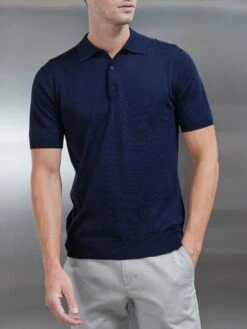 Cotton And Silk Polo Shirt In Navy