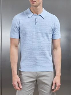 Cotton Knitted Textured Button Polo Shirt In Soft Blue