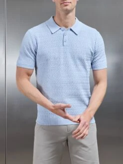 Cotton Knitted Textured Button Polo Shirt In Soft Blue -Cheap Shirts Shop COTTON TEXTURED KNITTED BUTTON POLO SHIRTIN SOFT BLUE 4784