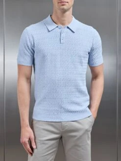 Cotton Knitted Textured Button Polo Shirt In Soft Blue -Cheap Shirts Shop COTTON TEXTURED KNITTED BUTTON POLO SHIRTIN SOFT BLUE 4787