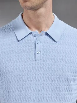 Cotton Knitted Textured Button Polo Shirt In Soft Blue -Cheap Shirts Shop COTTON TEXTURED KNITTED BUTTON POLO SHIRTIN SOFT BLUE 4794