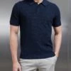 Cotton Knitted Textured Button Polo Shirt In Navy -Cheap Shirts Shop COTTON TEXTURED KNITTED BUTTON POLO SHIRT IN NAVY 0217