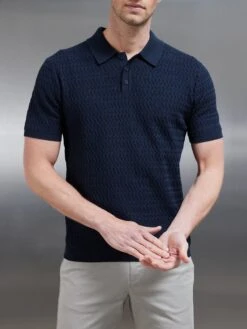 Cotton Knitted Textured Button Polo Shirt In Navy -Cheap Shirts Shop COTTON TEXTURED KNITTED BUTTON POLO SHIRT IN NAVY 0219