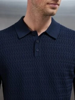 Cotton Knitted Textured Button Polo Shirt In Navy -Cheap Shirts Shop COTTON TEXTURED KNITTED BUTTON POLO SHIRT IN NAVY 0232
