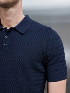 Cotton Knitted Textured Button Polo Shirt In Navy -Cheap Shirts Shop COTTON TEXTURED KNITTED BUTTON POLO SHIRT IN NAVY 0235