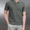 Cotton Knitted Textured Button Polo Shirt In Sage -Cheap Shirts Shop COTTON TEXTURED KNITTED BUTTON POLO SHIRT IN SAGE 0177