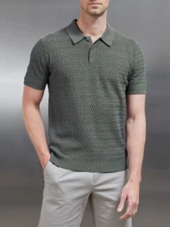 Cotton Knitted Textured Button Polo Shirt In Sage