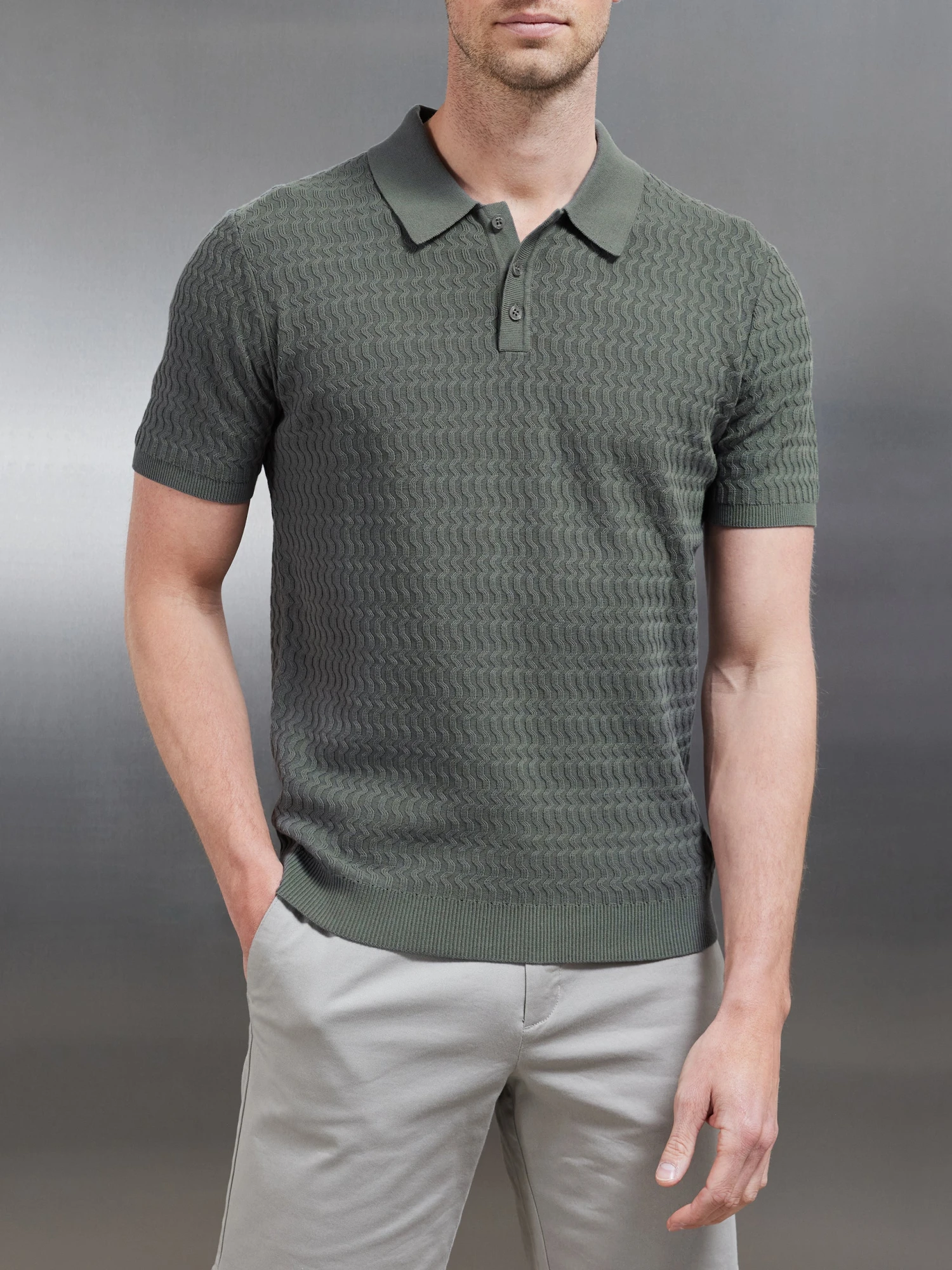 Cotton Knitted Textured Button Polo Shirt In Sage 3 Cotton Knitted Textured Button Polo Shirt In Sage