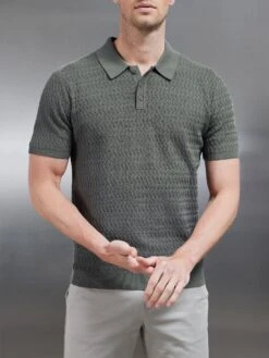 Cotton Knitted Textured Button Polo Shirt In Sage 9 Cotton Knitted Textured Button Polo Shirt In Sage -Cheap Shirts Shop COTTON TEXTURED KNITTED BUTTON POLO SHIRT IN SAGE 0182