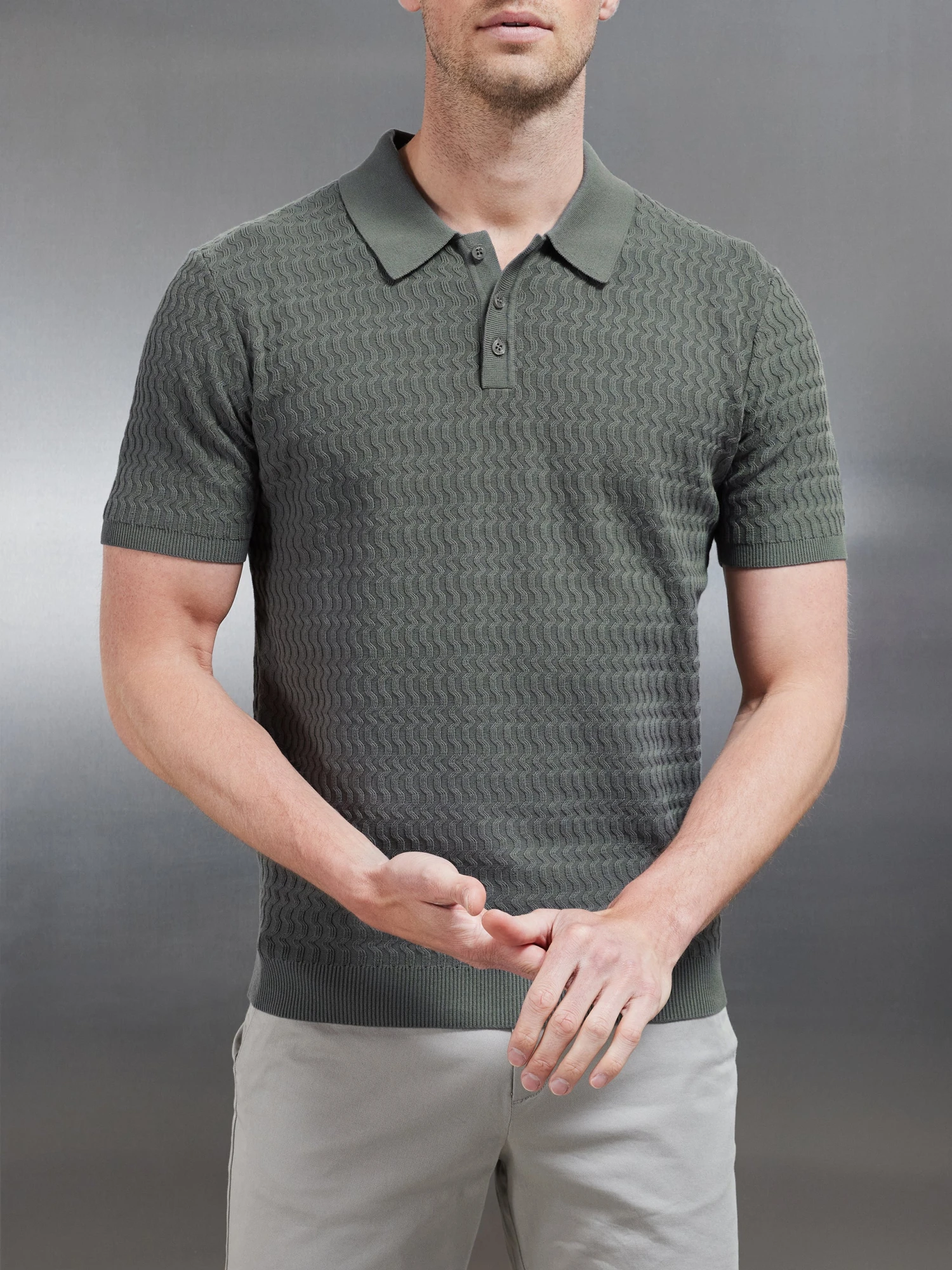 Cotton Knitted Textured Button Polo Shirt In Sage 5 Cotton Knitted Textured Button Polo Shirt In Sage - Image 3