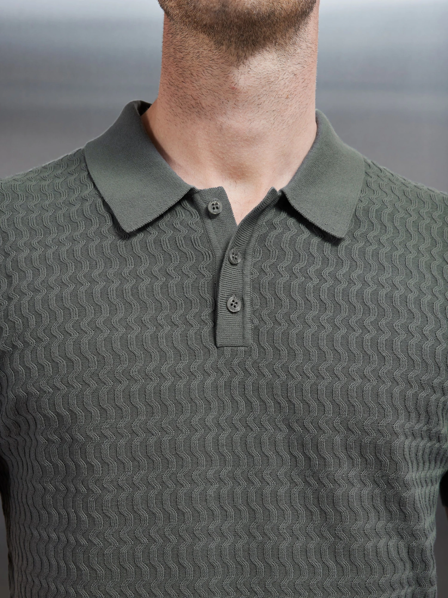 Cotton Knitted Textured Button Polo Shirt In Sage 6 Cotton Knitted Textured Button Polo Shirt In Sage - Image 4