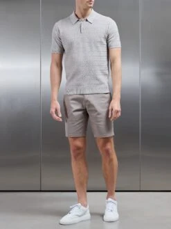 Cotton Knitted Textured Button Polo Shirt In Stone -Cheap Shirts Shop COTTON TEXTURED KNITTED BUTTON POLO SHIRT IN STONE 4806