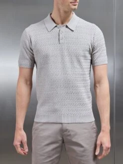 Cotton Knitted Textured Button Polo Shirt In Stone -Cheap Shirts Shop COTTON TEXTURED KNITTED BUTTON POLO SHIRT IN STONE 4816