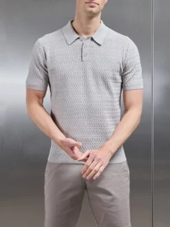 Cotton Knitted Textured Button Polo Shirt In Stone -Cheap Shirts Shop COTTON TEXTURED KNITTED BUTTON POLO SHIRT IN STONE 4817