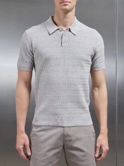 Cotton Knitted Textured Button Polo Shirt In Stone