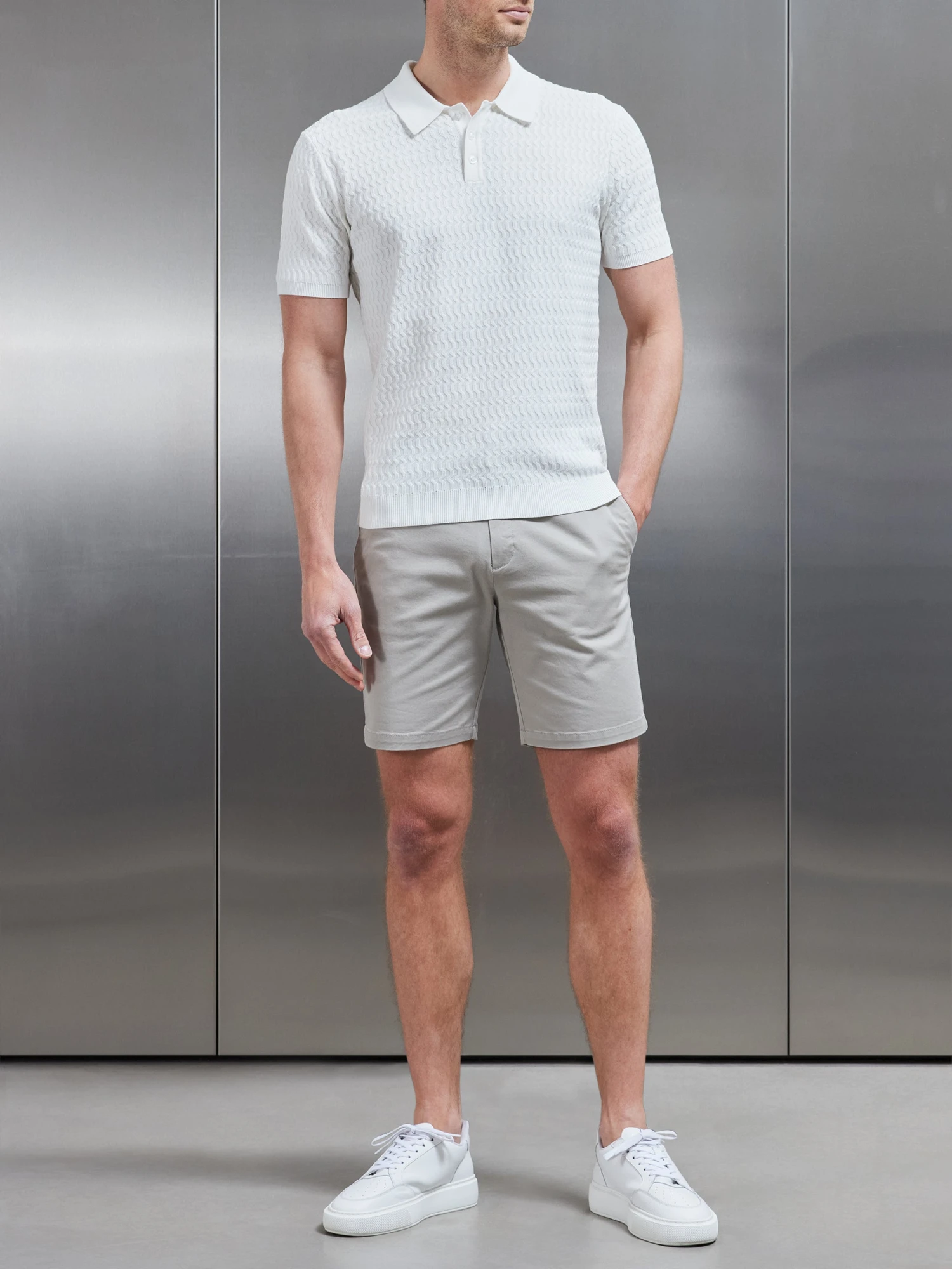 Cotton Knitted Textured Button Polo Shirt In White 4 Cotton Knitted Textured Button Polo Shirt In White - Image 2