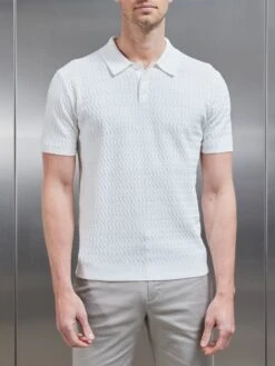 Cotton Knitted Textured Button Polo Shirt In White