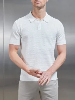 Cotton Knitted Textured Button Polo Shirt In White 8 Cotton Knitted Textured Button Polo Shirt In White -Cheap Shirts Shop COTTON TEXTURED KNITTED BUTTON POLO SHIRT IN WHITE 0313