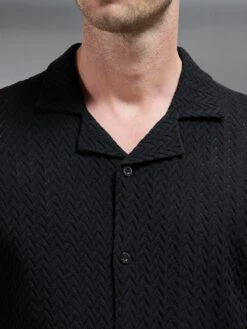 Crochet Revere Collar Shirt In Black -Cheap Shirts Shop CROCHET REVERVE COLLAR SHIRT IN BLACK 459
