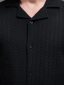Crochet Revere Collar Shirt In Black -Cheap Shirts Shop CROCHET REVERVE COLLAR SHIRT IN BLACK 460