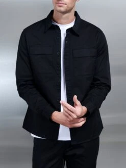 Cotton Cargo Overshirt In Black