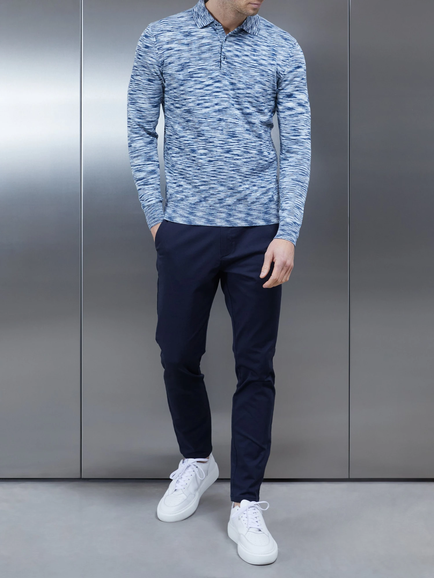 Egyptian Cotton Space Dye Long Sleeve Polo In Navy 5 Egyptian Cotton Space Dye Long Sleeve Polo In Navy - Image 3