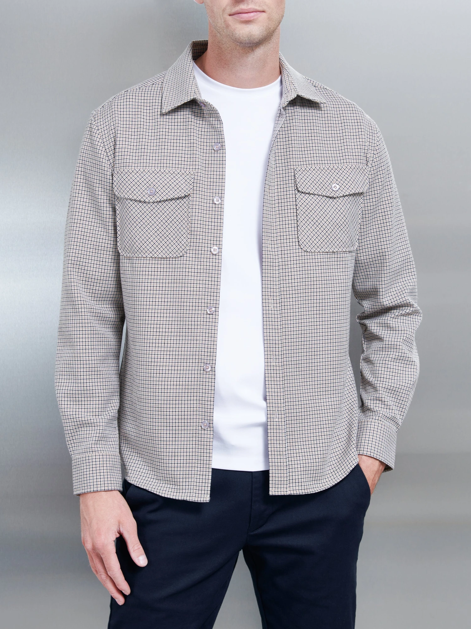 Fine Check Overshirt In Stone 3 Fine Check Overshirt In Stone