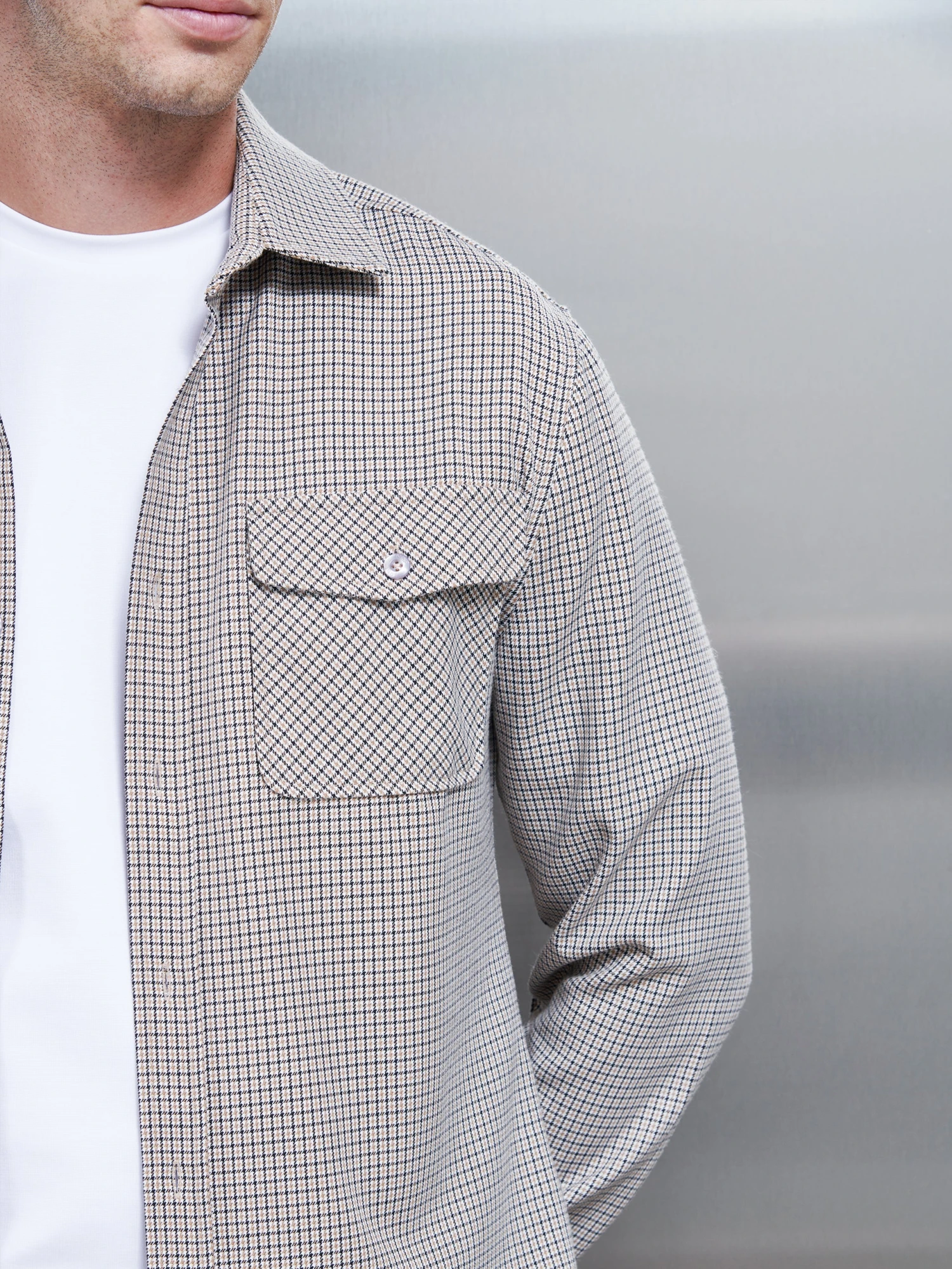 Fine Check Overshirt In Stone 5 Fine Check Overshirt In Stone - Image 3